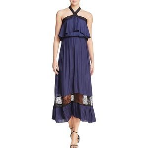 NWT (S) Aqua popover lace inset halter long midi maxi navy black open shoulder